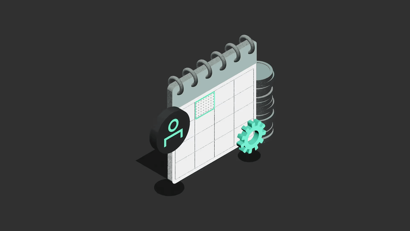 Isometric illustration of a calendar with user icon, gear, and stacked coins, symbolizing organization, settings, and finance on a dark background.