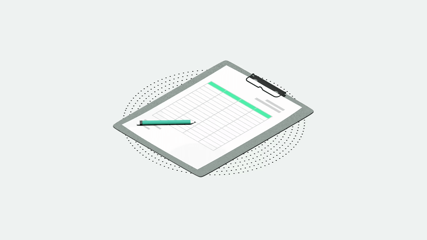 A clipboard with a spreadsheet and a teal pen resting on it, set against a light gray dotted background.