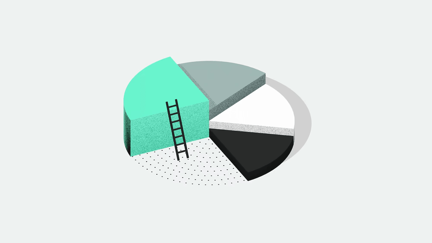 3D pie chart with four segments in teal, gray, black, and white. A ladder leans against the teal segment.