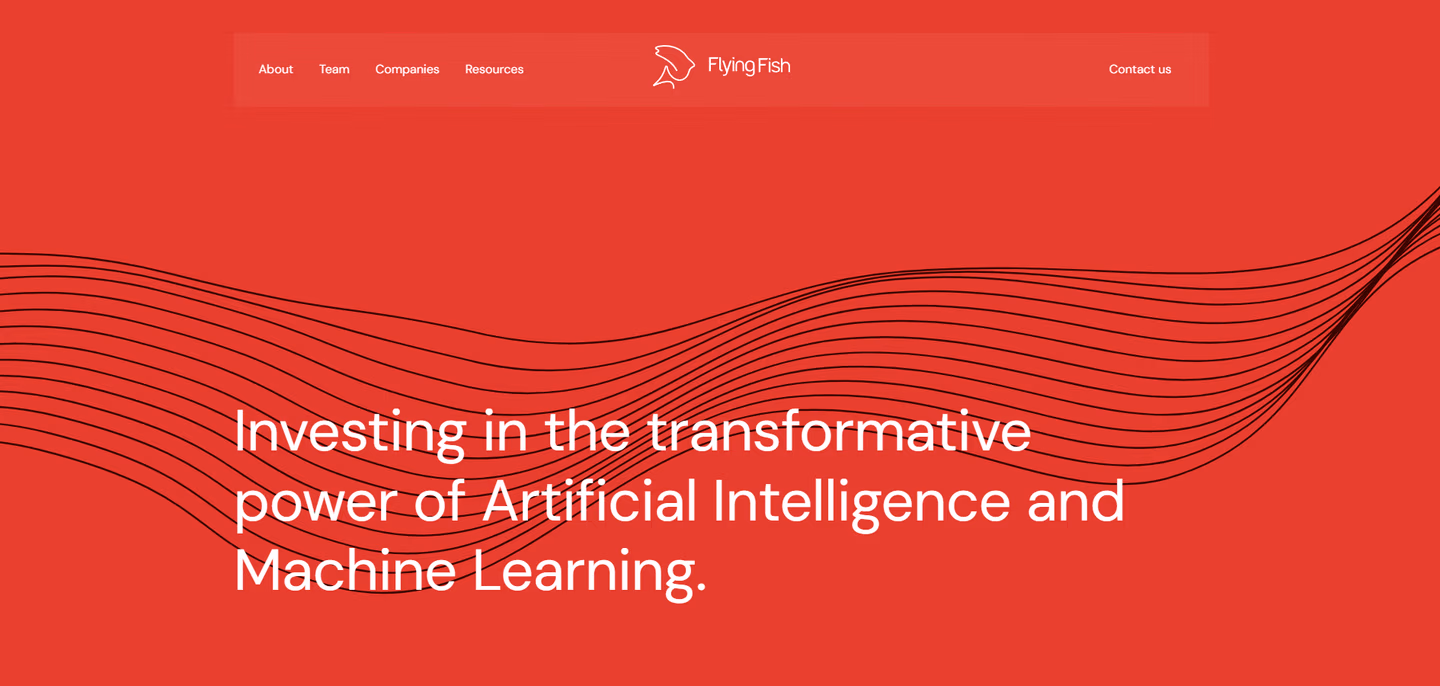 Flying Fish website hero section with a red background, wave-like black lines, and the headline “Investing in the transformative power of Artificial Intelligence and Machine Learning.”