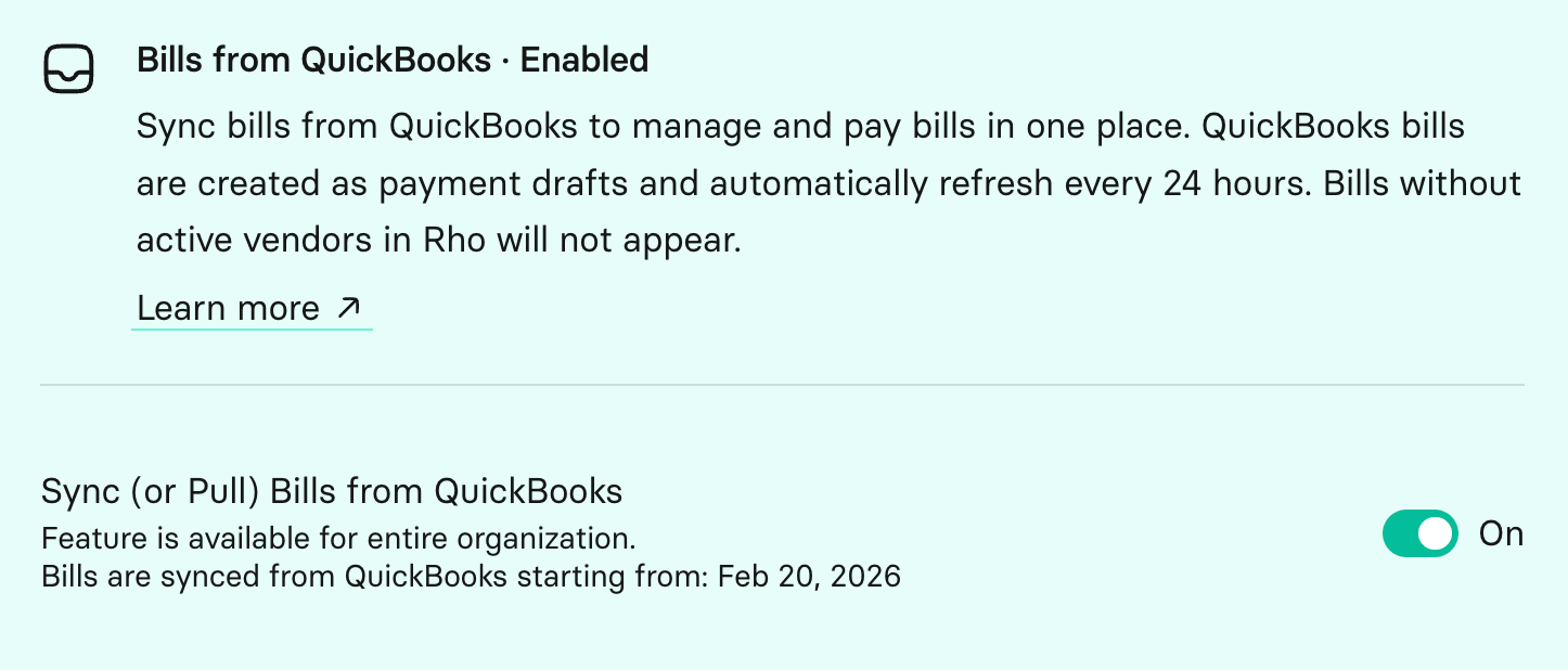 The Bills from QuickBooks setting, marked Enabled, with the sync toggle switched on