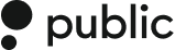 Logo with a stylized black circle and dot design on the left and the word "public" in lowercase black letters on the right.