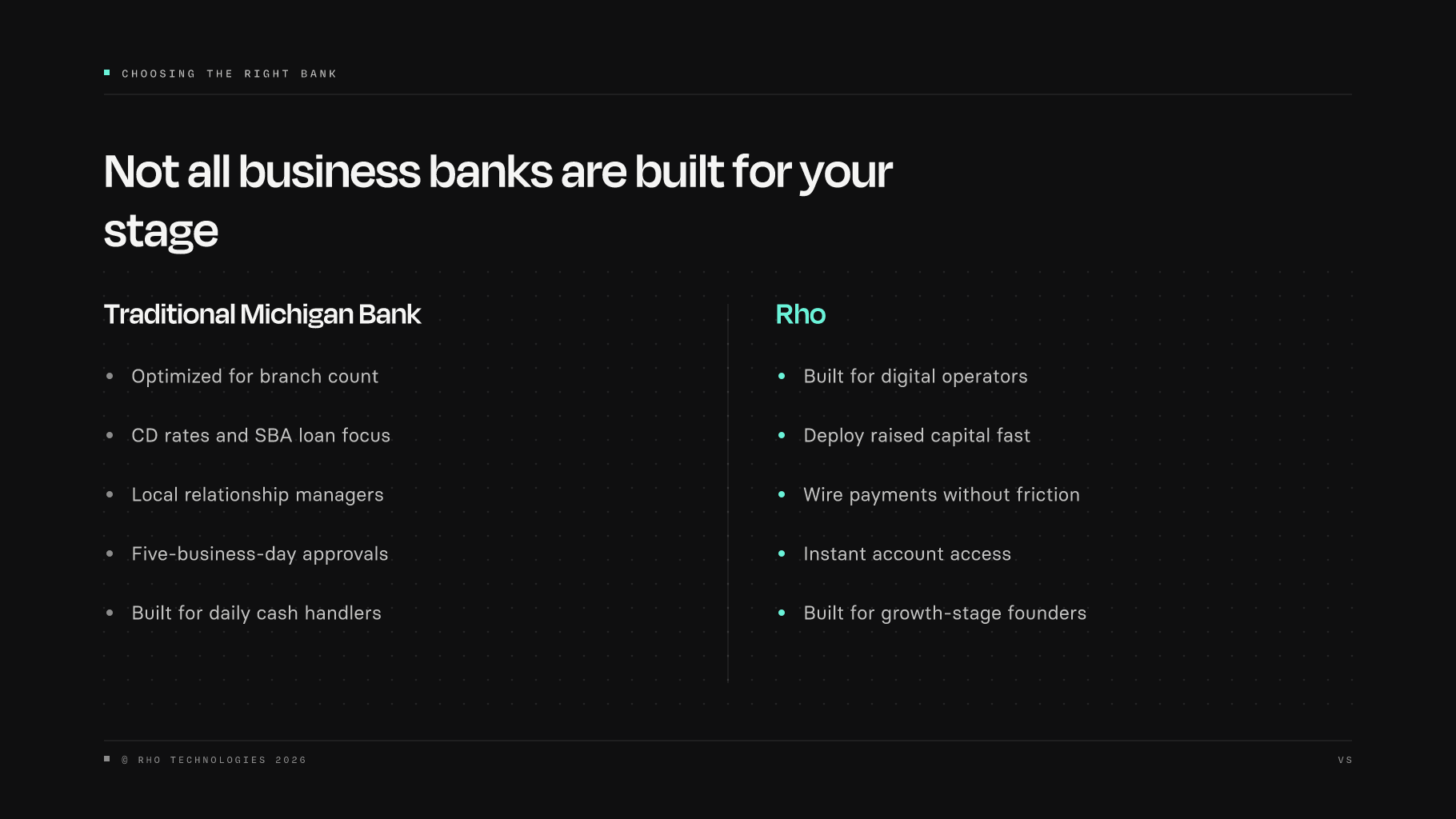 Side-by-side comparison of traditional Michigan bank versus Rho for growth-stage founders