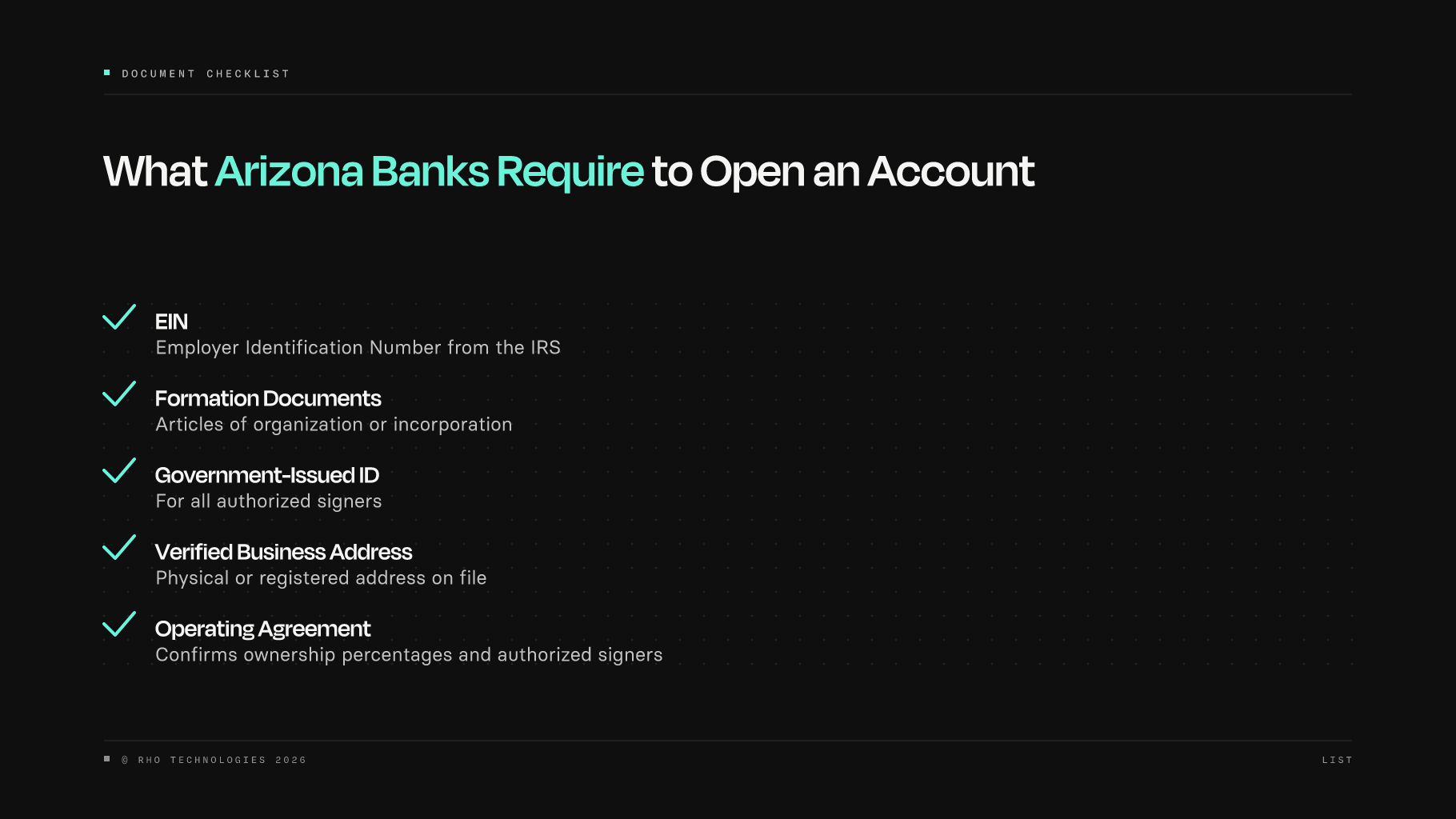 Teal checklist of five documents required to open an Arizona business bank account