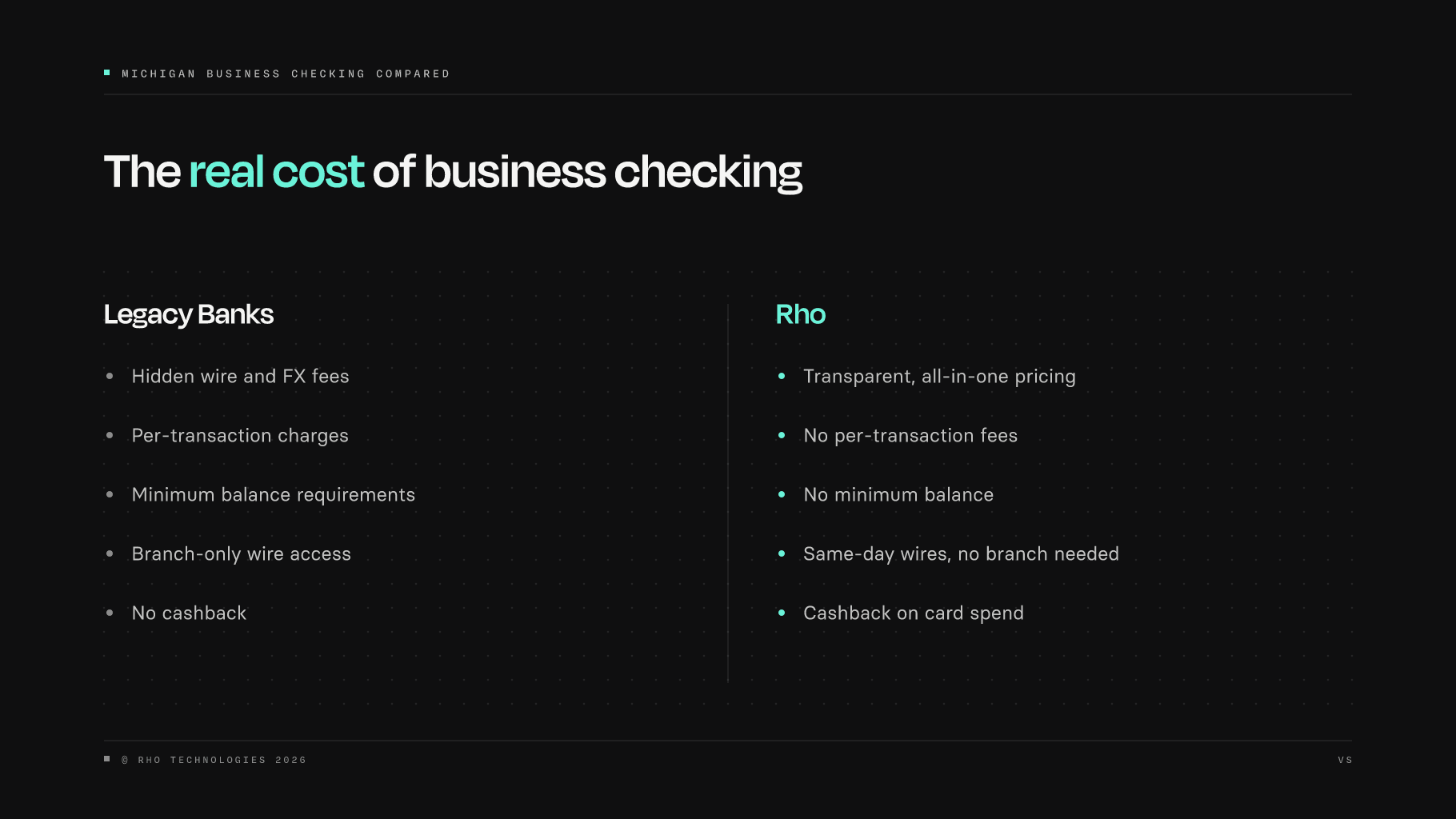 Side-by-side comparison of legacy bank hidden fees versus Rho transparent business banking