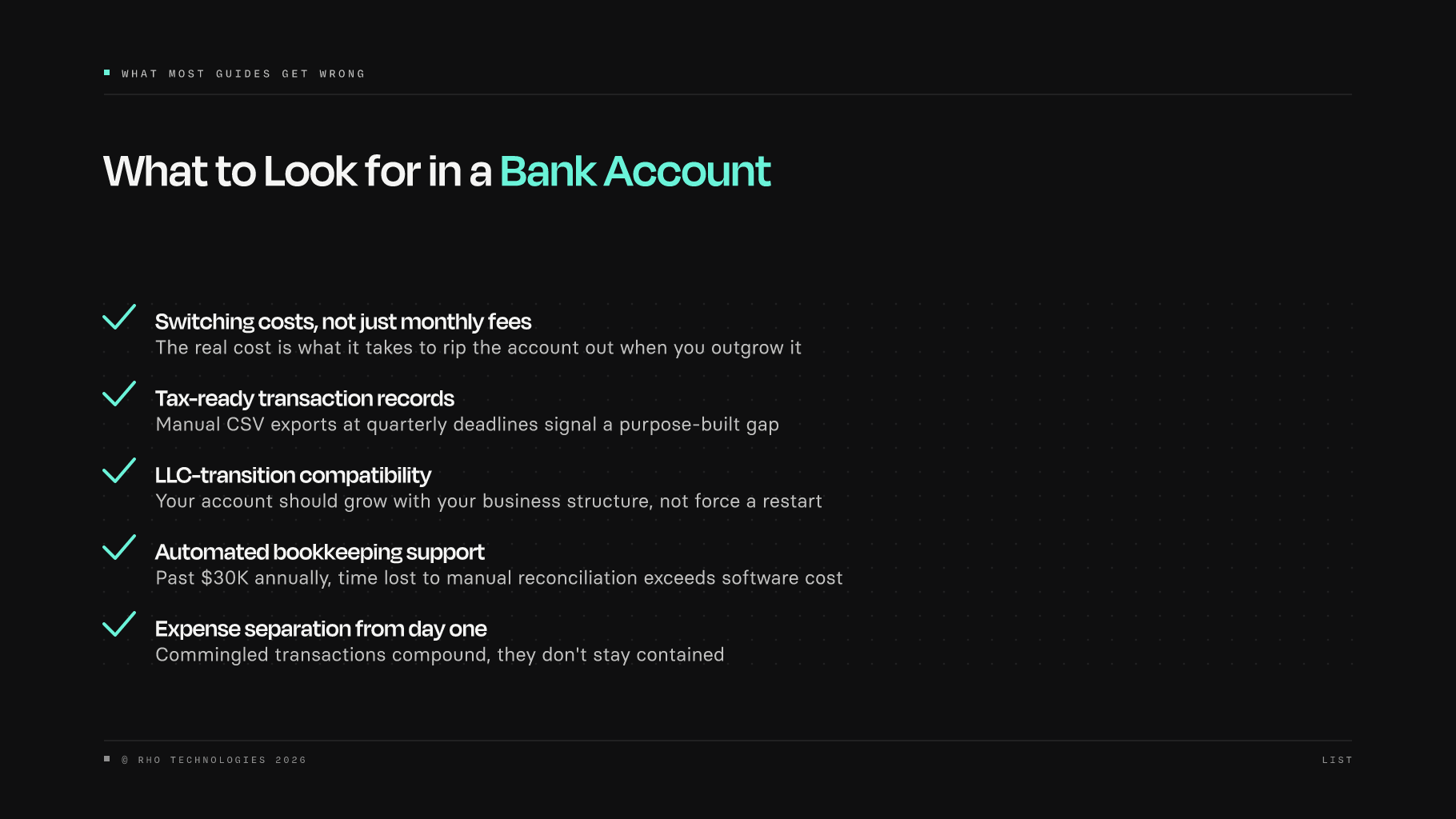 Checklist of criteria gig workers should use when evaluating a business bank account
