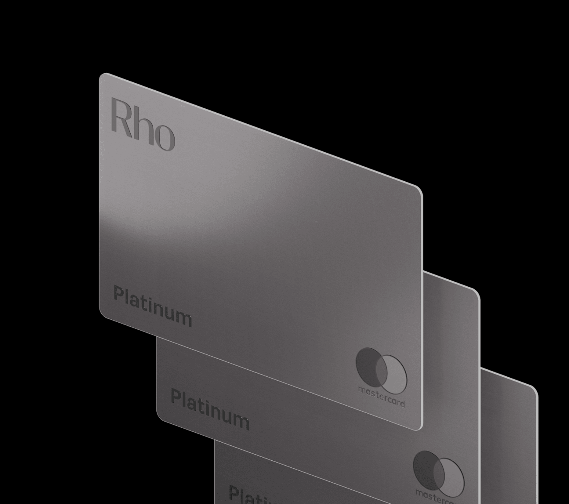 Three overlapping platinum-colored credit cards with "Rho" and "Mastercard" logos on a black background.