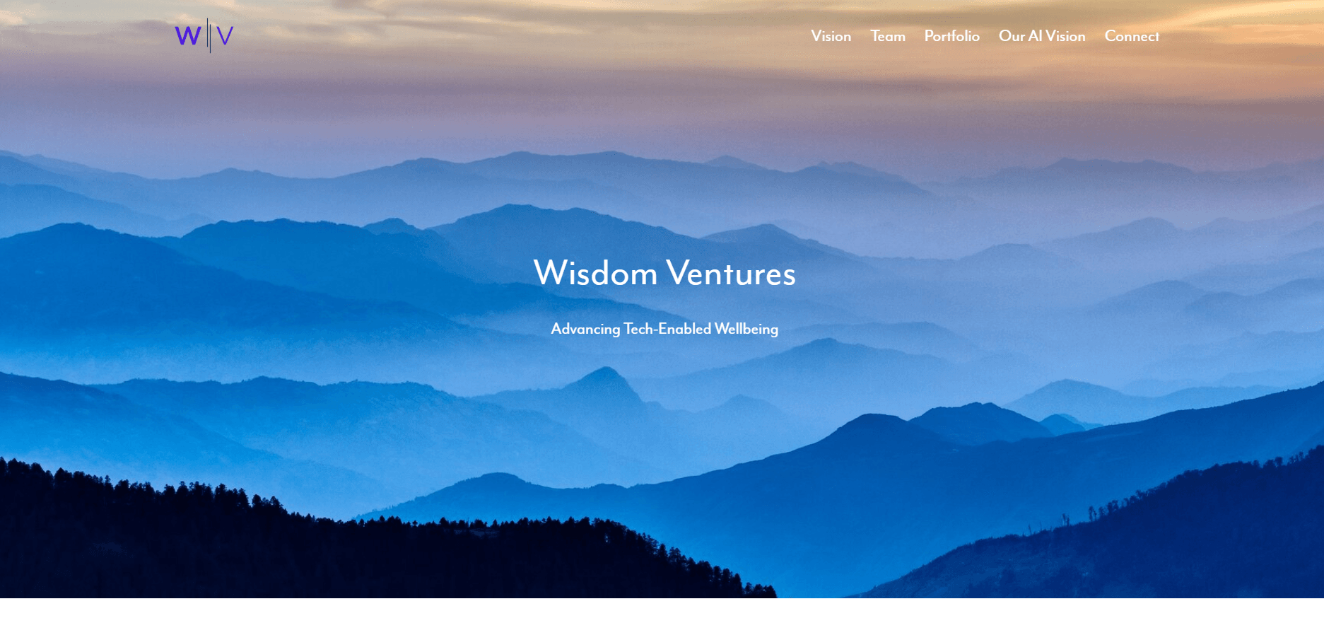 Wisdom Ventures homepage displaying the Wisdom Ventures logo over a mountain landscape and mission around tech-enabled wellbeing.