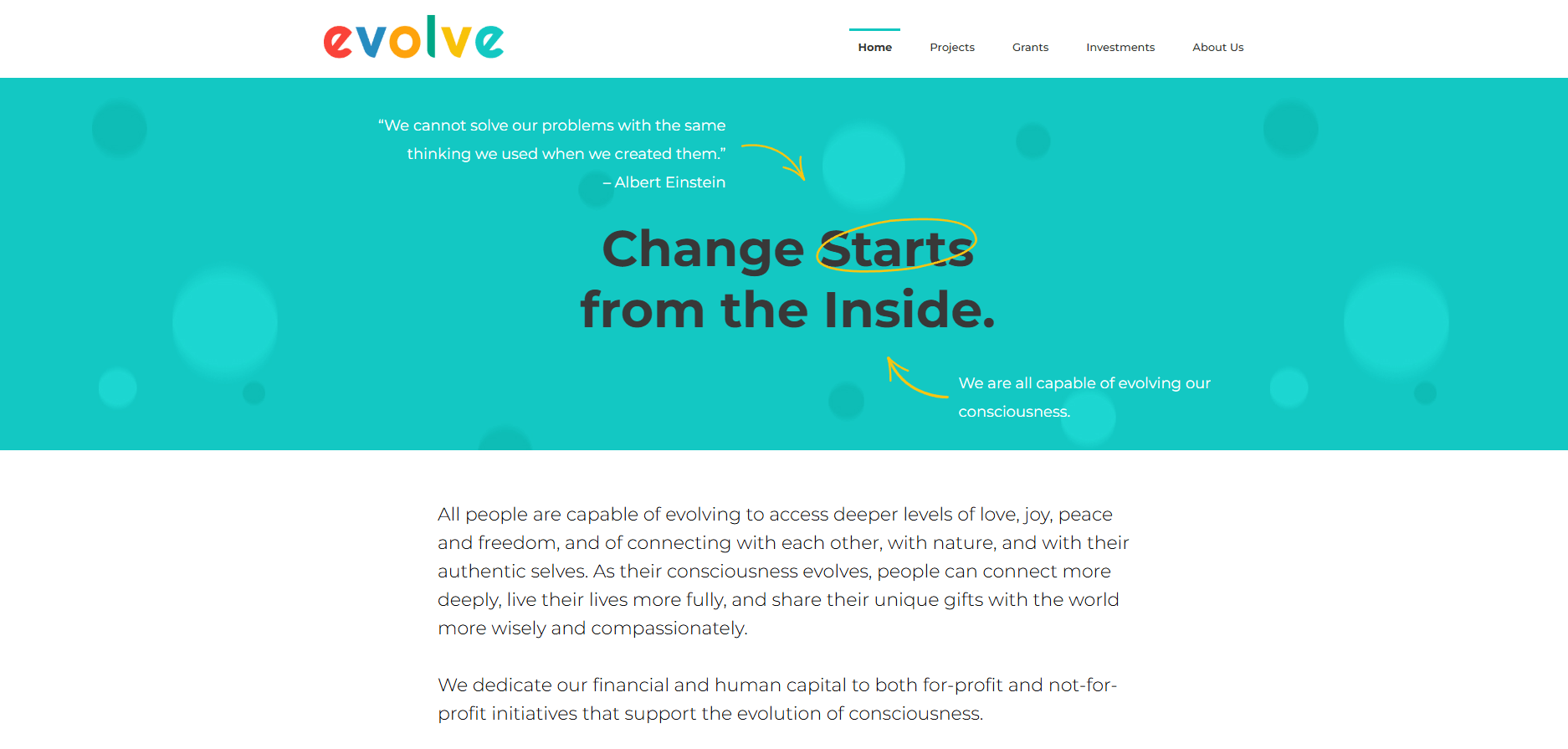 Evolve Ventures homepage with Evolve logo and headline ‘Change Starts from the Inside,’ focused on conscious investing.