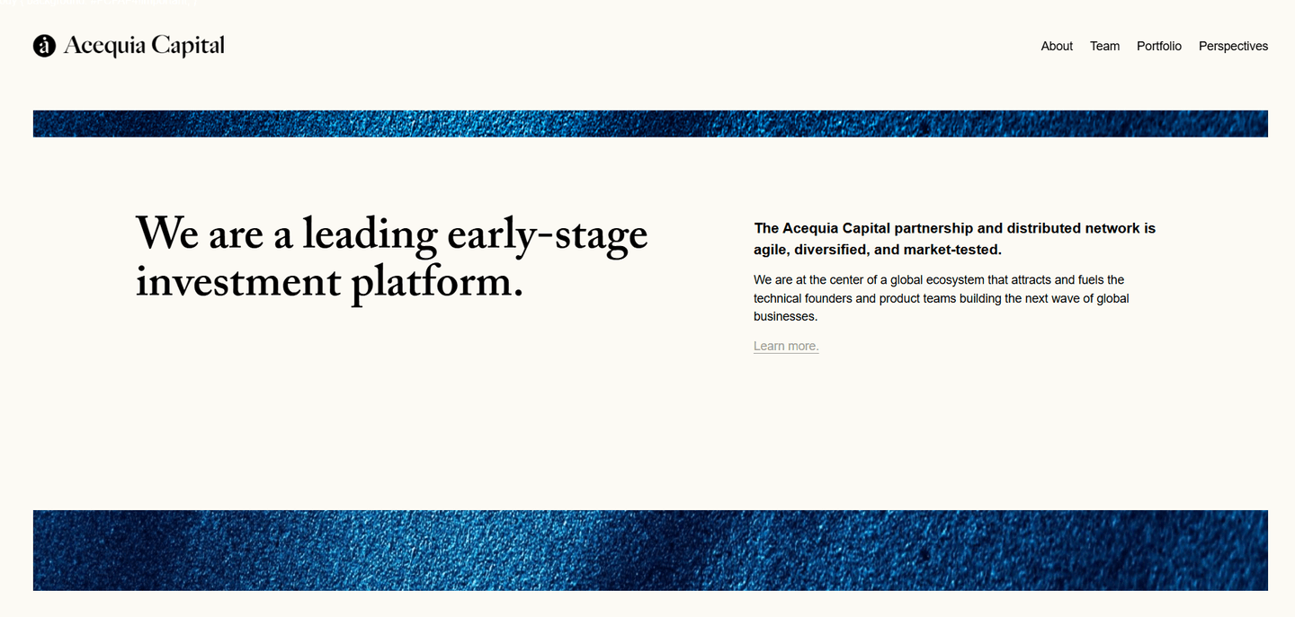Acequia Capital website hero: logo and menu, large headline 'We are a leading early-stage investment platform,' supportive text and blue textured bars.