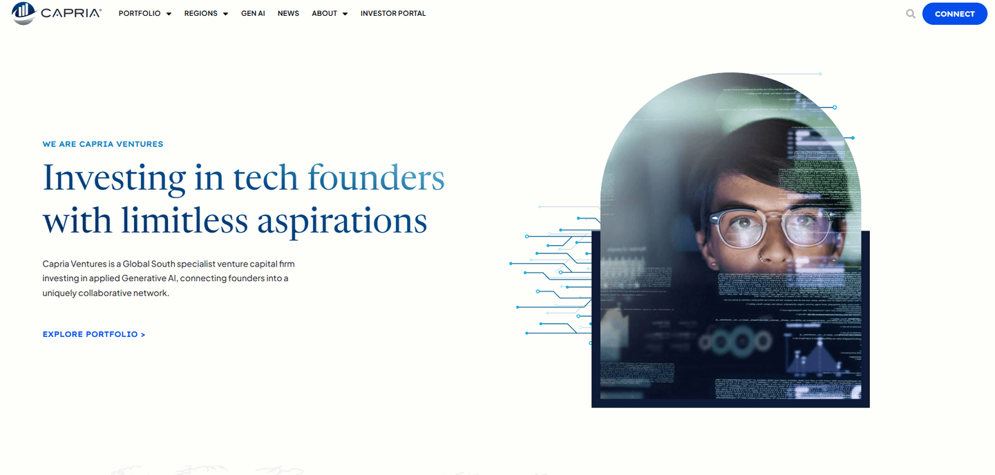 Capria Ventures hero: headline beside arched photo of person in glasses viewing code and circuit graphics