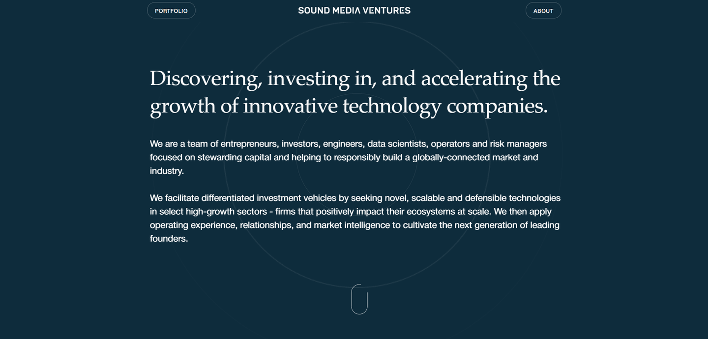 Sound Media Ventures landing page with the Sound Media Ventures logo and a headline about accelerating innovative technology companies.