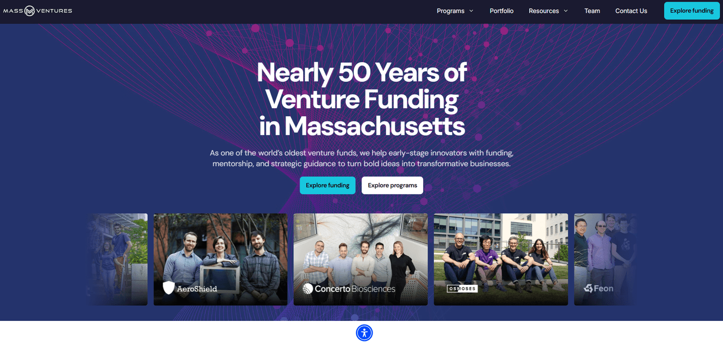 MassVentures landing page highlighting nearly 50 years of venture funding in Massachusetts with portfolio company images.