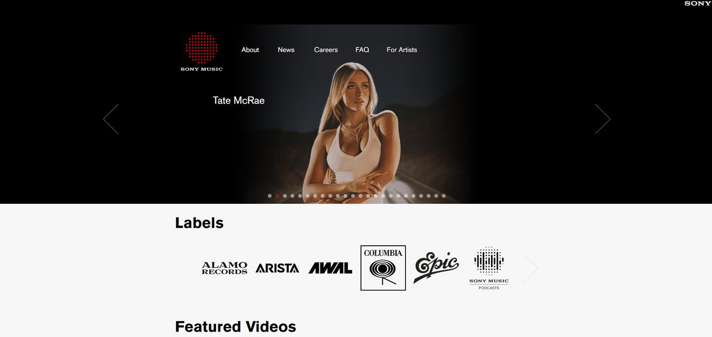 Sony Music landing page featuring the Sony Music logo and an artist spotlight image of Tate McRae.
