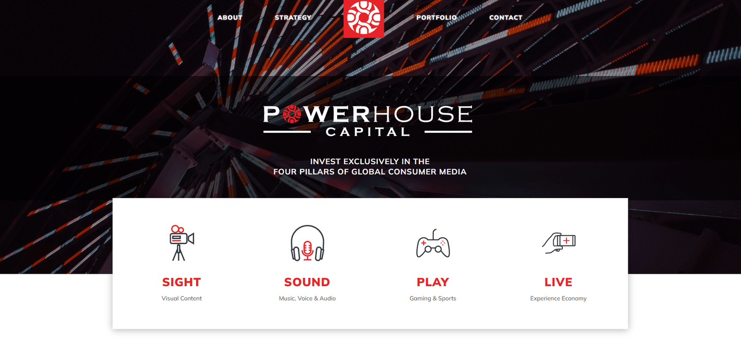 Powerhouse Capital landing page featuring the Powerhouse Capital logo and icons representing media investment pillars.
