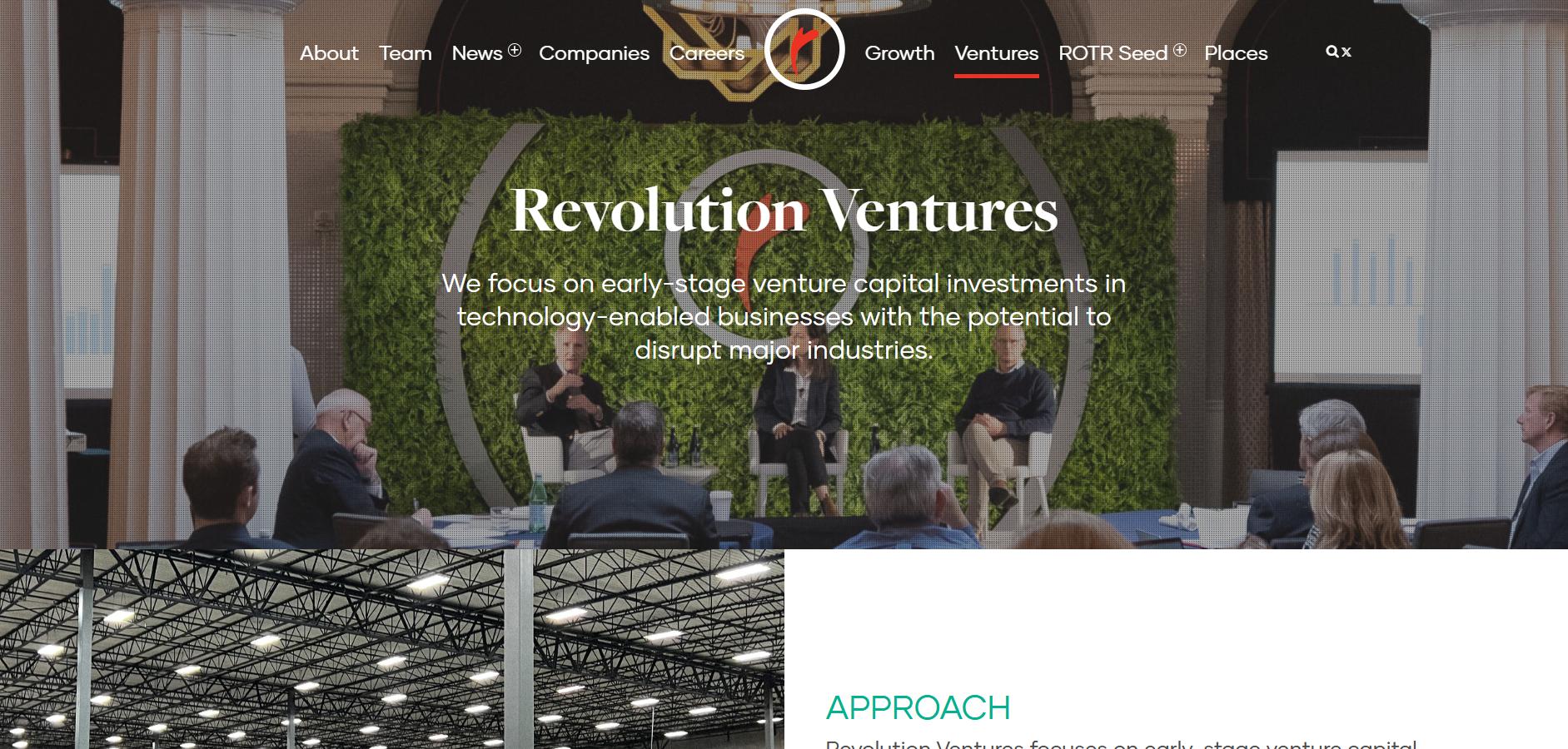 Revolution Ventures landing page featuring the Revolution Ventures logo and a panel discussion on early-stage investing.