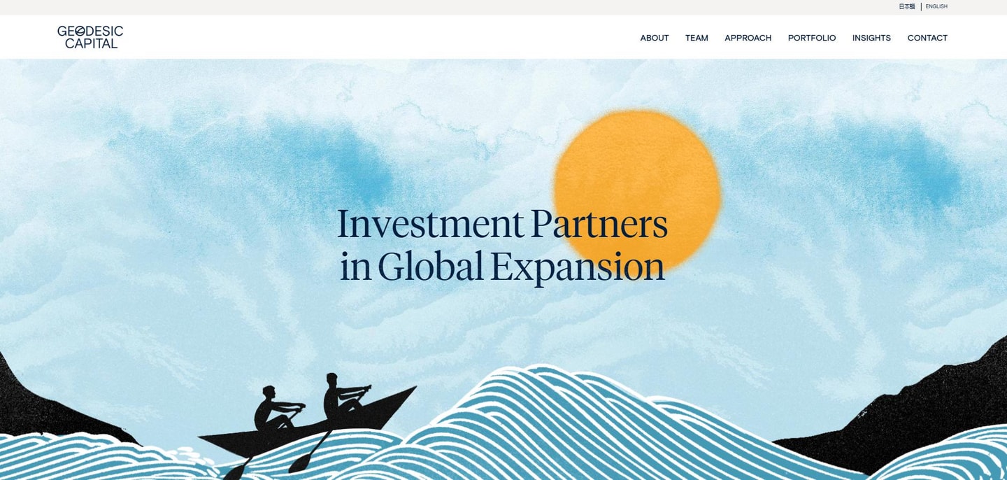 Geodesic Capital homepage with Geodesic Capital logo and illustrated theme about global expansion.