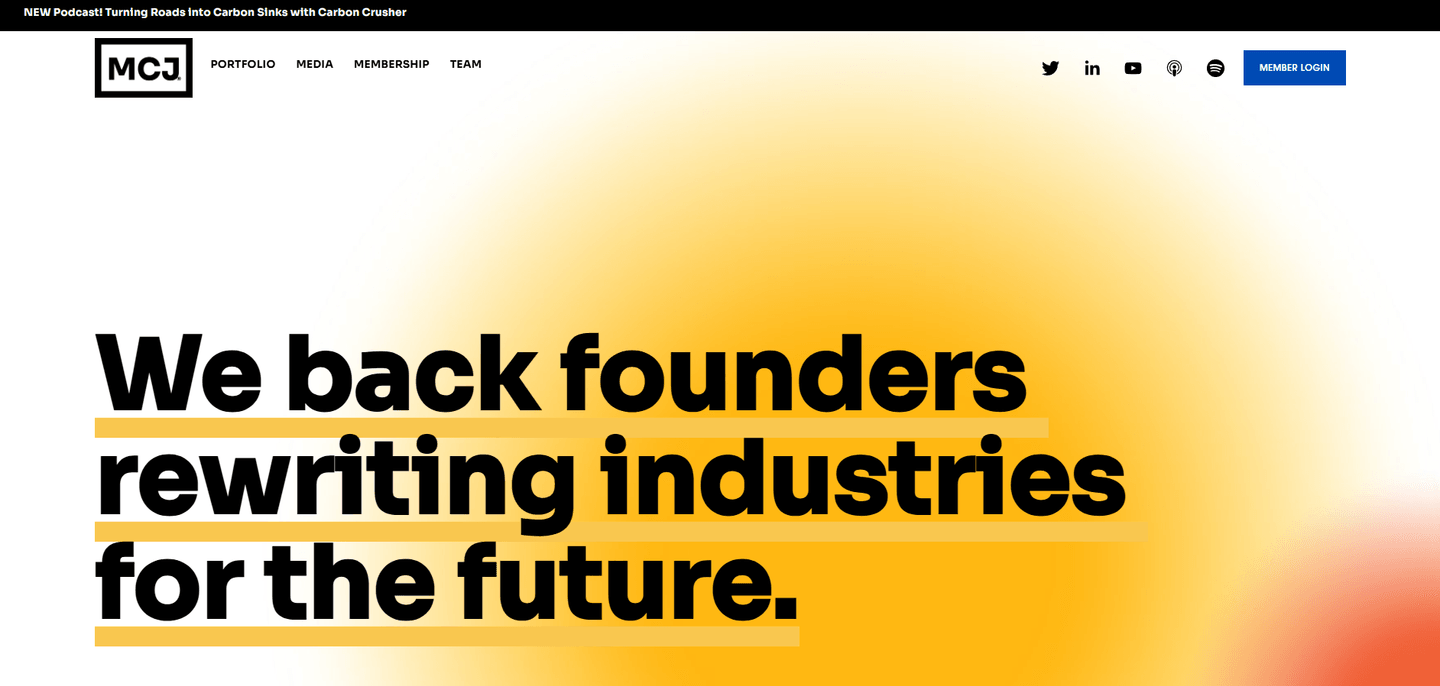MCJ landing page featuring the MCJ logo and a bold headline about backing founders rewriting industries.