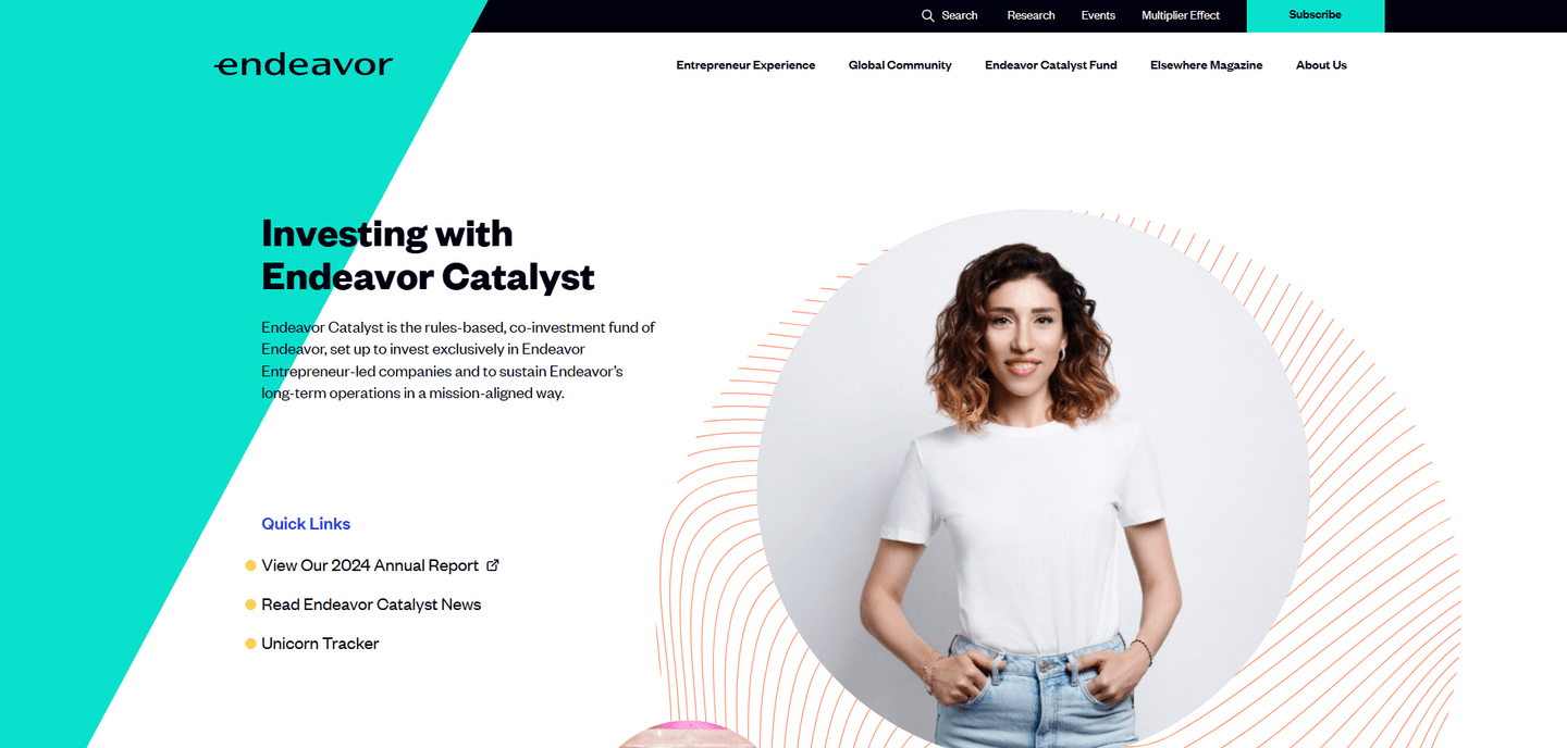 Endeavor Catalyst homepage with Endeavor logo and messaging about investing in entrepreneur-led companies.