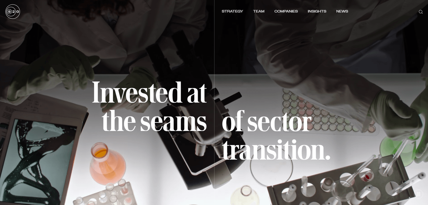 S2G Investments homepage featuring the S2G logo and laboratory imagery with headline about sector transition investing.