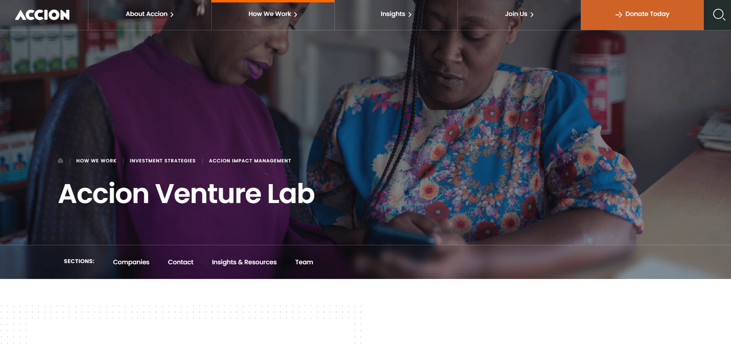 Accion Venture Lab landing page featuring the Accion logo and a hero image highlighting inclusive entrepreneurship.