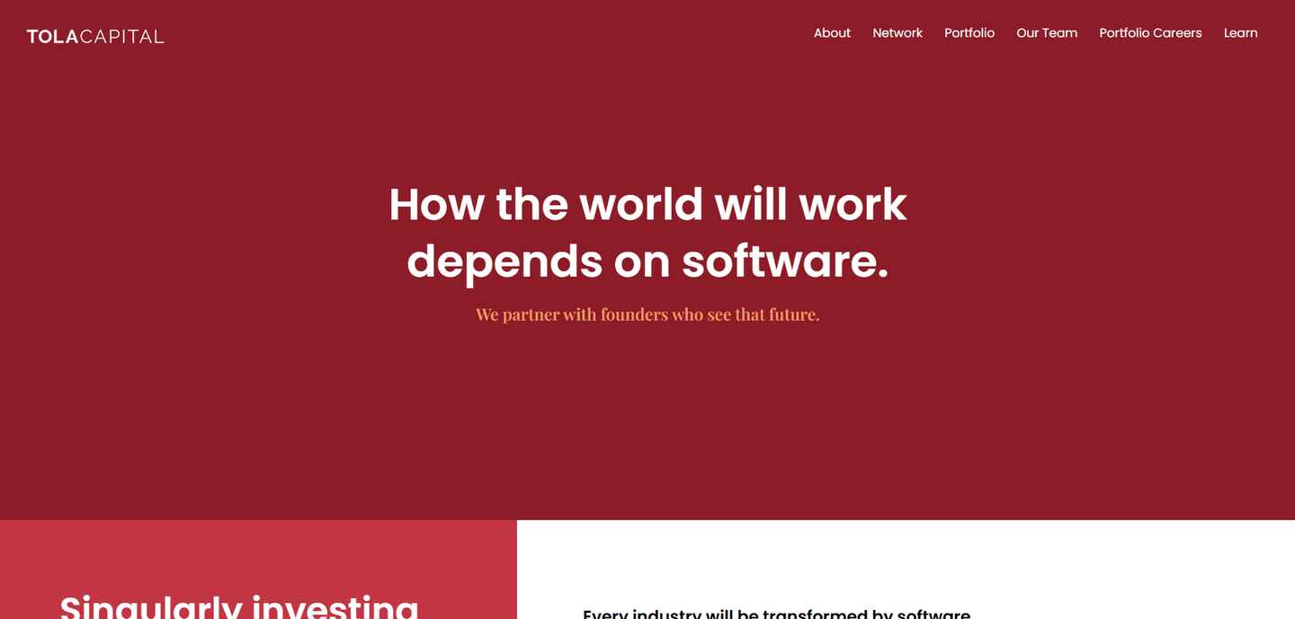 Tola Capital website hero on maroon background with large white headline: "How the world will work depends on software."