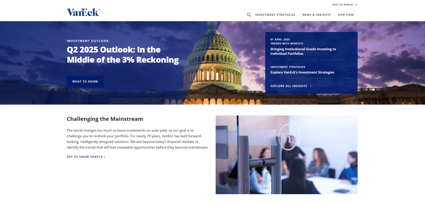 VanEck homepage with VanEck logo and investment outlook headline over U.S. Capitol imagery.