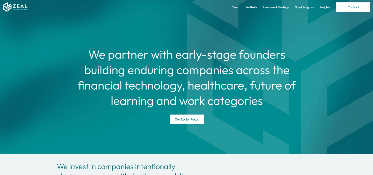 Zeal Capital Partners landing page featuring the Zeal Capital Partners logo and a headline about partnering with early-stage founders.