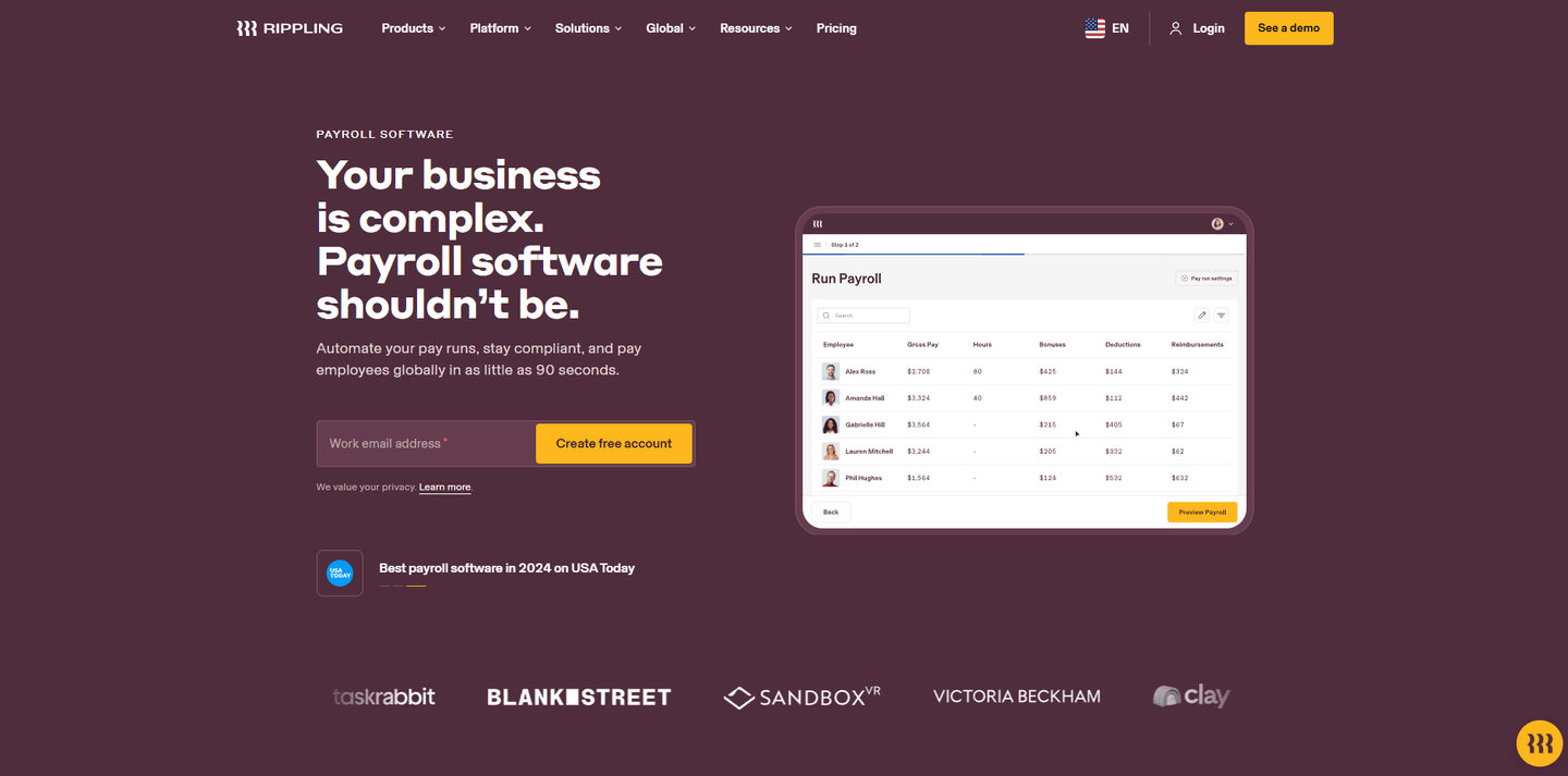 Rippling payroll landing page