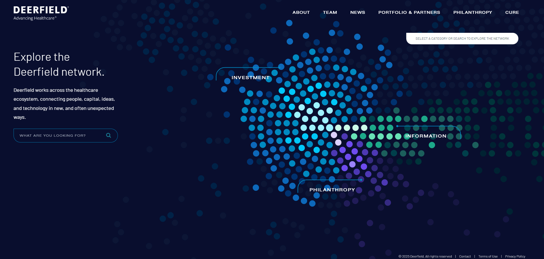 Deerfield homepage showing healthcare network overview with colorful dot graphics.