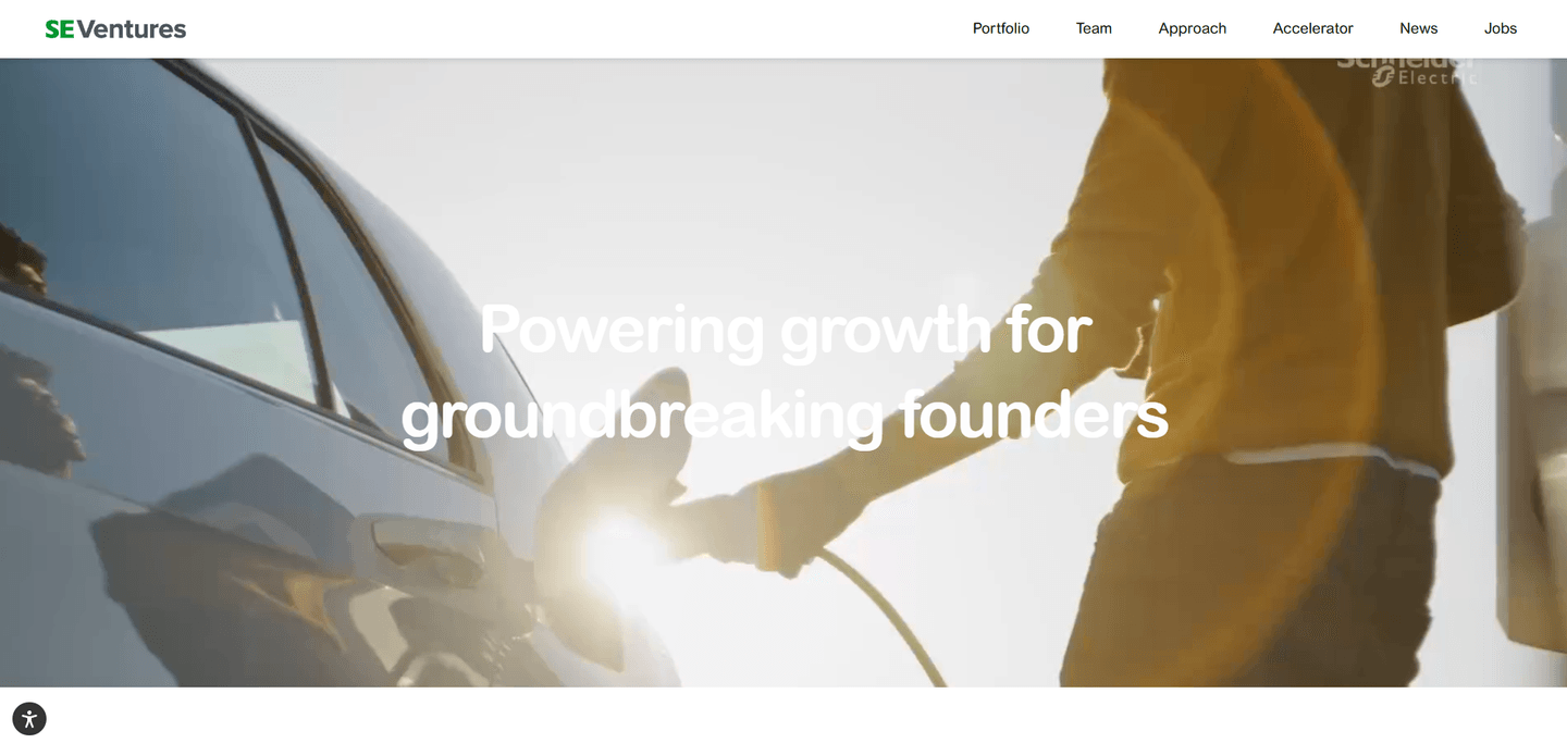 SE Ventures landing page featuring the SE Ventures logo and an image of an electric vehicle charging, highlighting founder-led innovation.