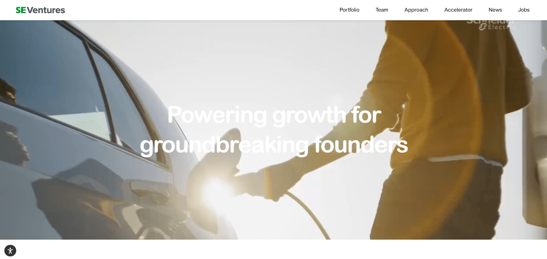 SE Ventures landing page featuring the SE Ventures logo and an image of an electric vehicle charging, highlighting founder-led innovation.