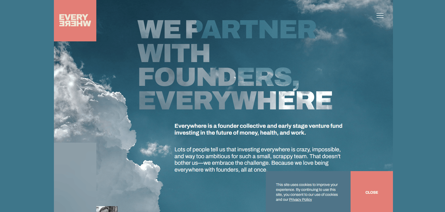 Everywhere Ventures homepage featuring the Everywhere Ventures logo and headline about partnering with founders globally.