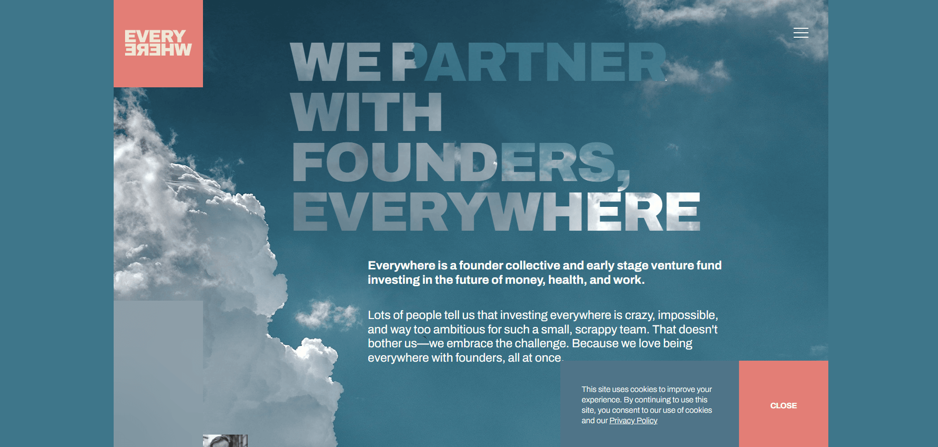 Everywhere Ventures homepage featuring the Everywhere Ventures logo and headline about partnering with founders globally.