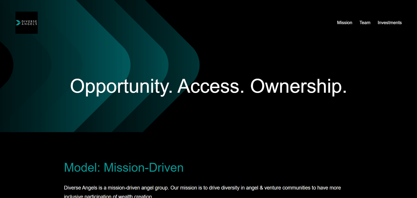 Website homepage with text: "Opportunity. Access. Ownership." Includes menu options: Mission, Team, Investments, and intro about a mission-driven angel group.