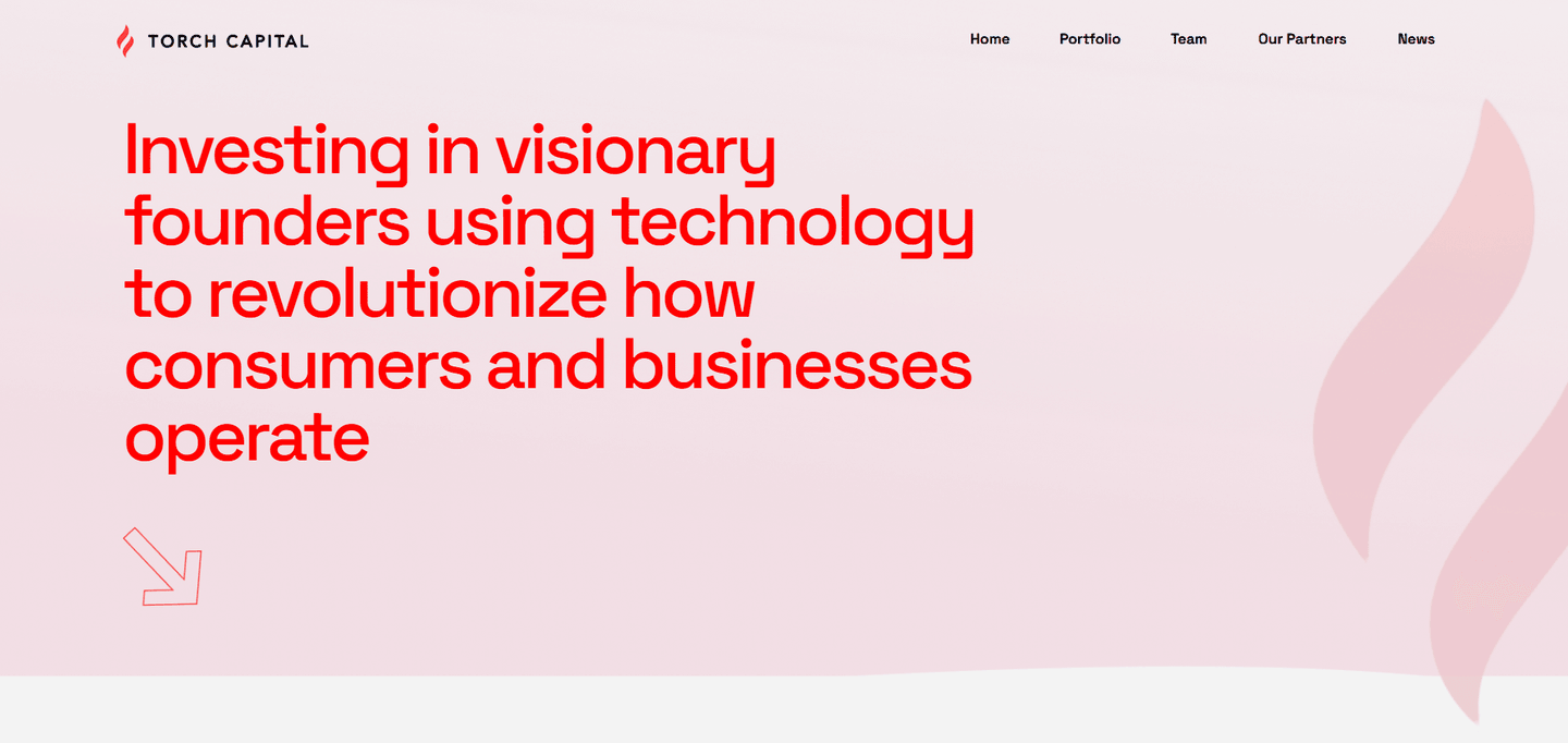 Torch Capital landing page featuring the Torch Capital logo and a bold headline about investing in visionary founders.