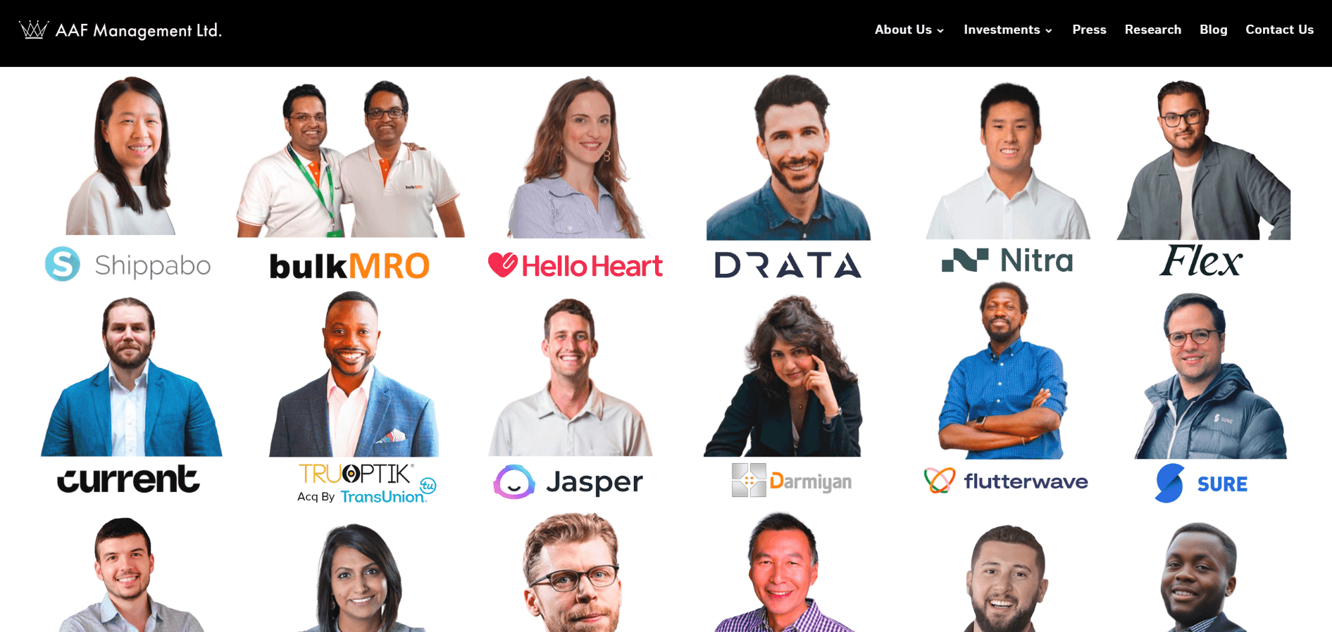 AAF Management Ltd. landing page featuring portfolio founder headshots and company logos.
