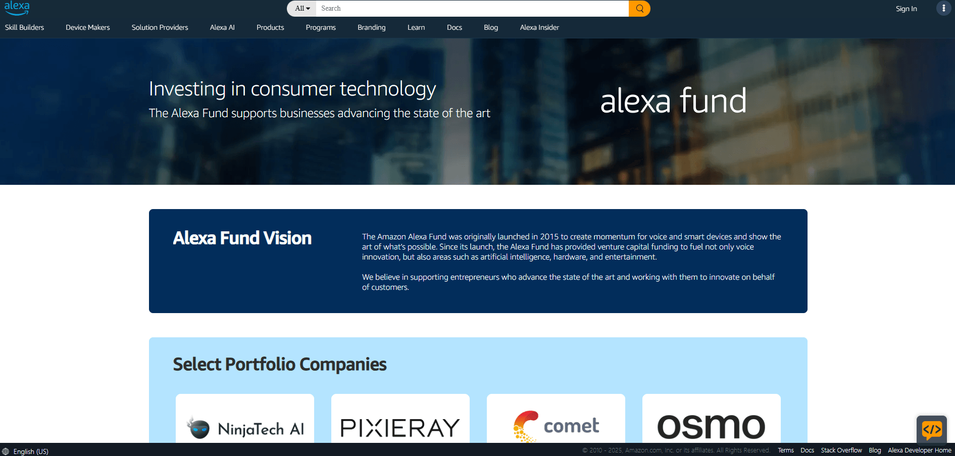 Alexa Fund webpage screenshot showing "Investing in consumer technology" header, "Alexa Fund Vision" section and select portfolio company logos.