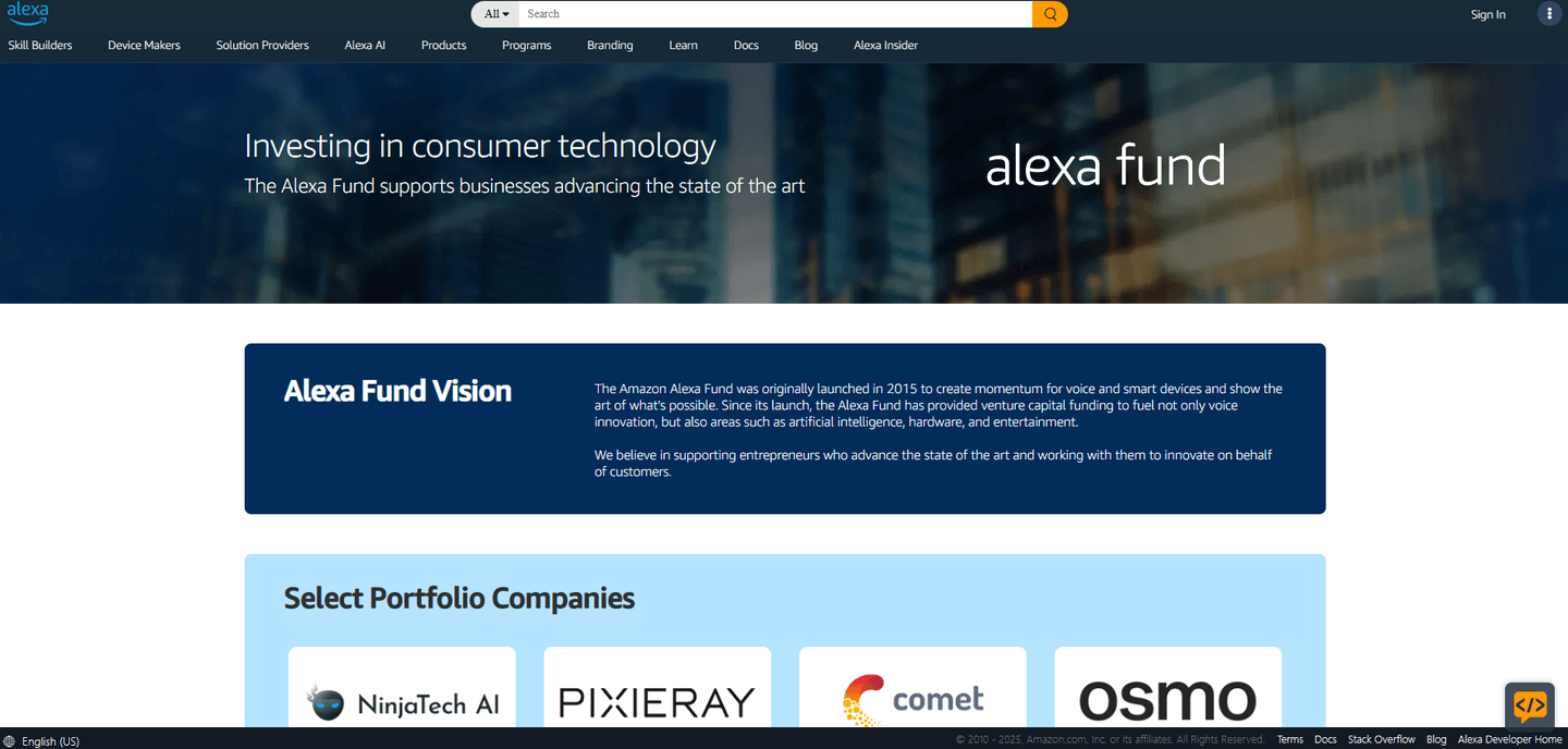 Alexa Fund landing page featuring the Alexa Fund logo and a headline about investing in consumer technology.
