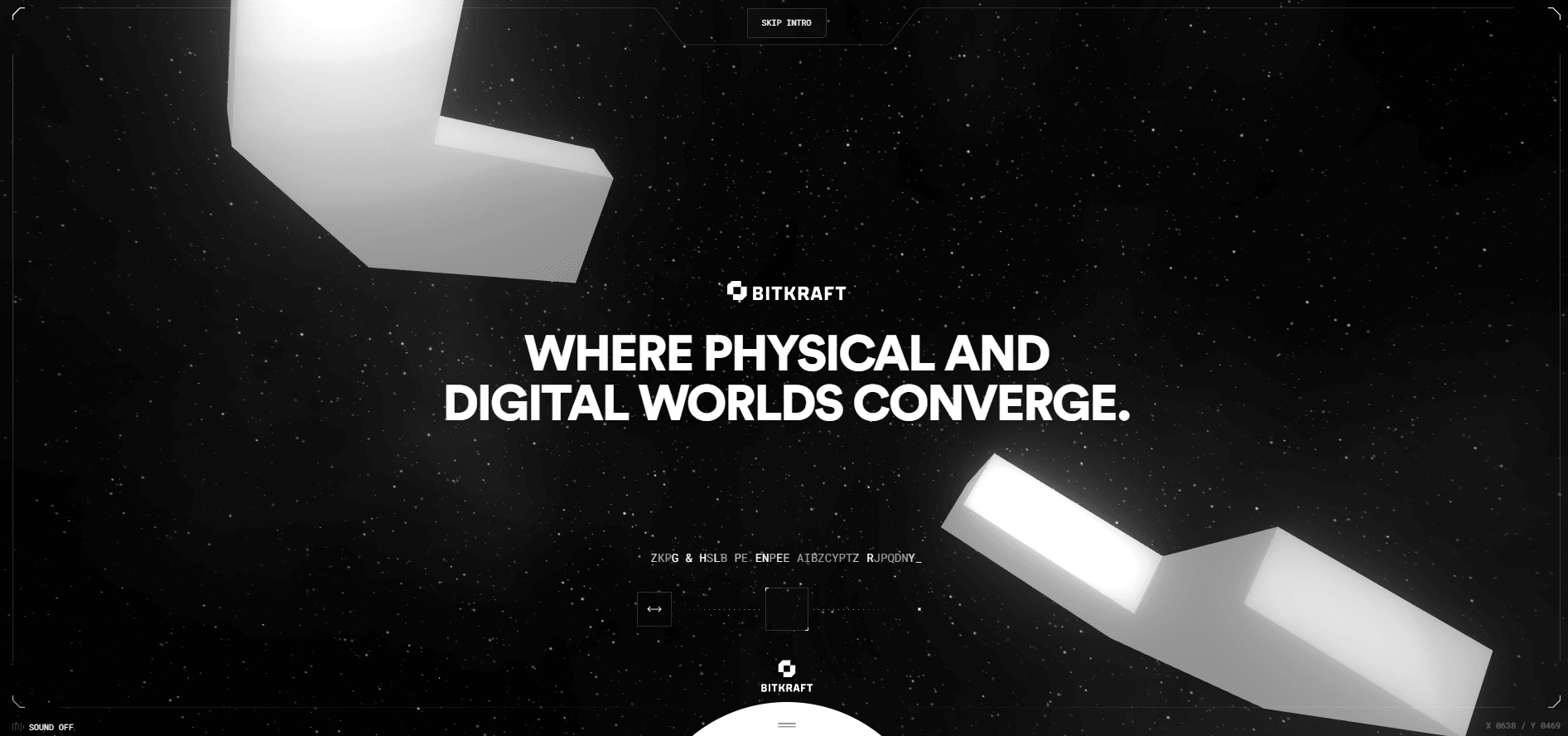 Black and white image with white 3D shapes, starry background, and text: "Where physical and digital worlds converge."