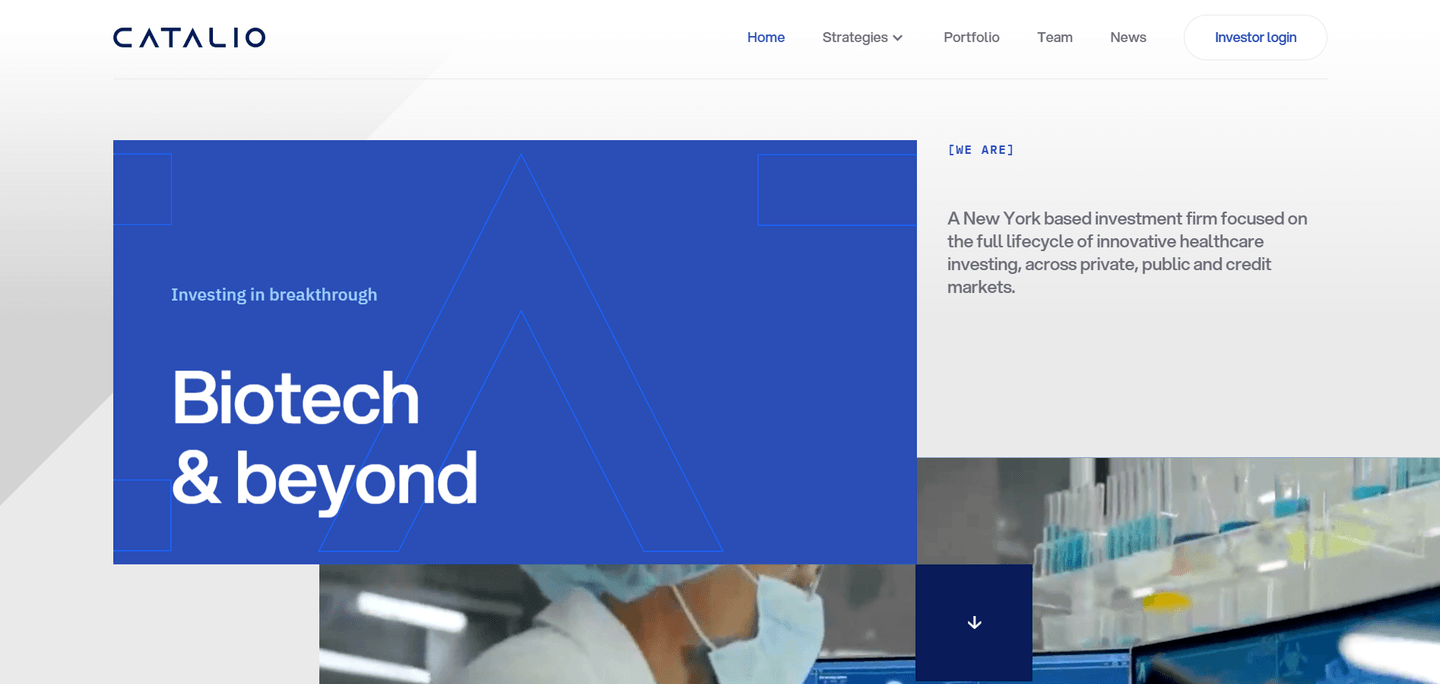 Catalio Capital Management landing page featuring the Catalio logo and a headline about investing in biotech and innovative healthcare.