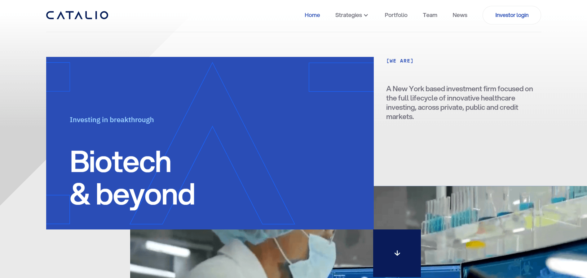 Catalio Capital Management landing page featuring the Catalio logo and a headline about investing in biotech and innovative healthcare.
