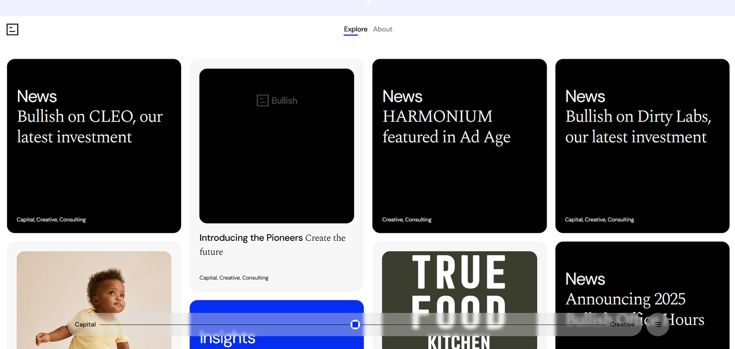 Bullish homepage showing the Bullish logo and news cards highlighting recent investments and portfolio updates.