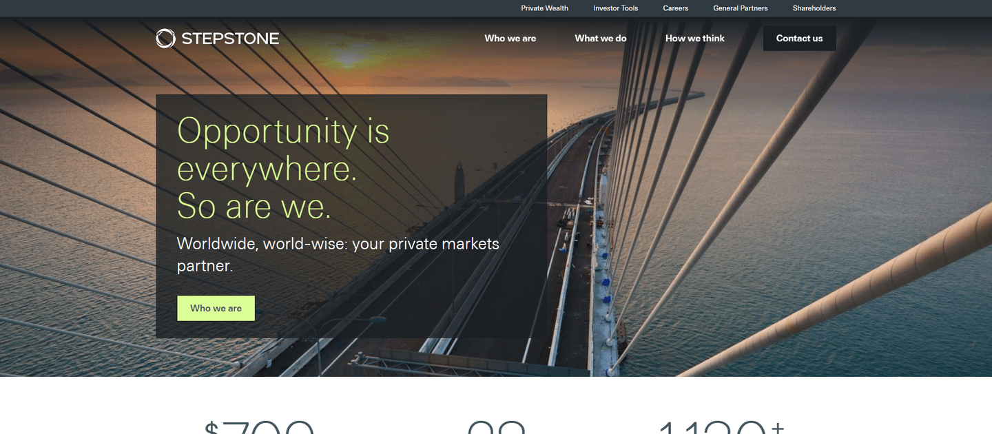 StepStone Group homepage with StepStone logo and headline highlighting global private markets investing.