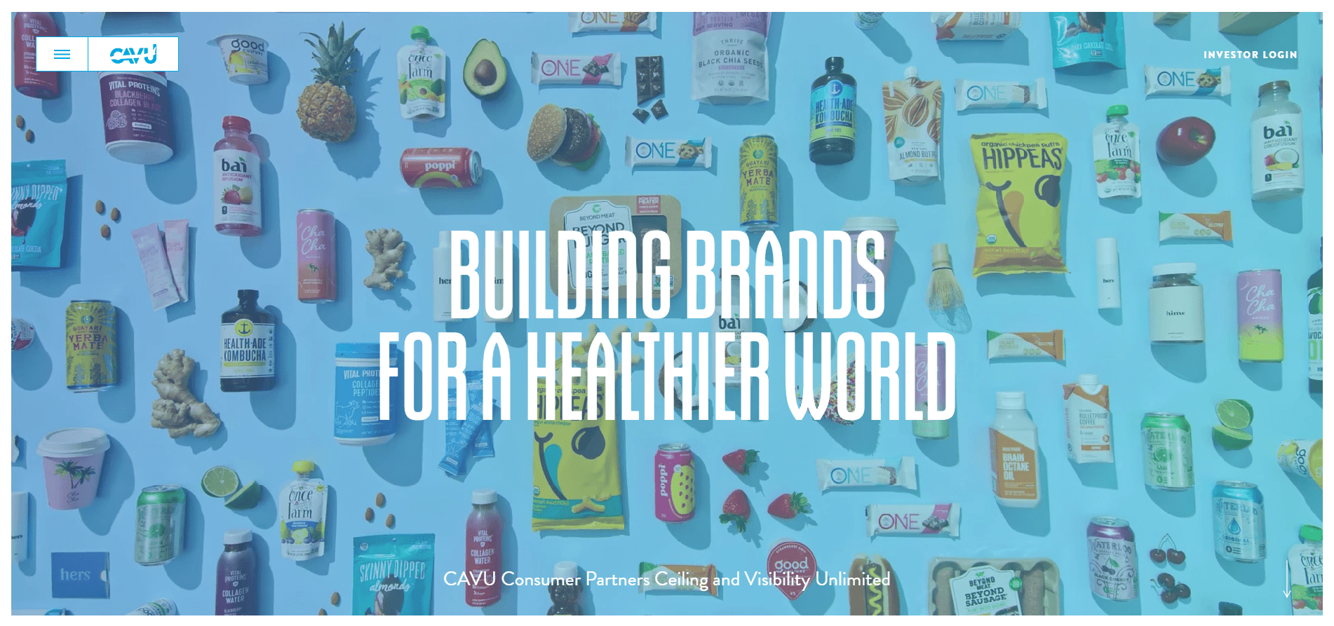 CAVU Consumer Partners landing page with colorful consumer products arranged on a blue background.