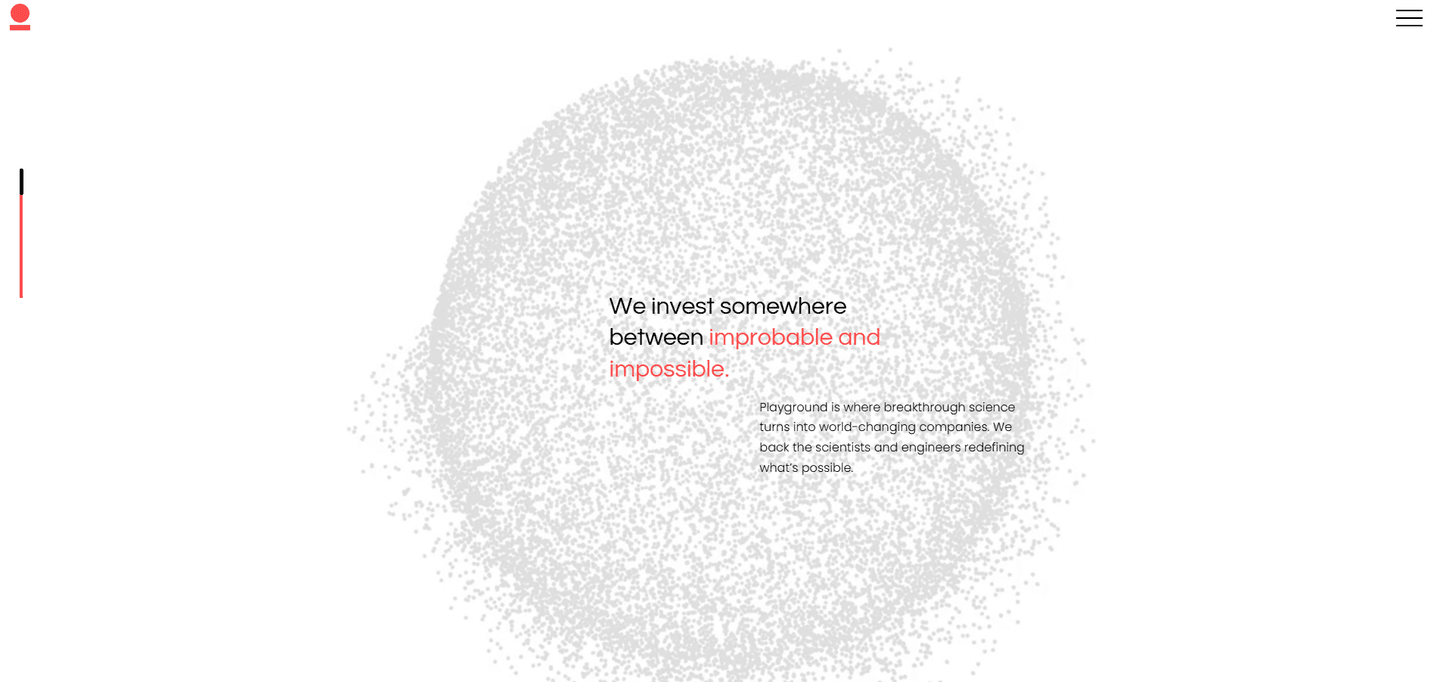 Playground Global landing page featuring the Playground Global logo and a statement about investing between improbable and impossible.