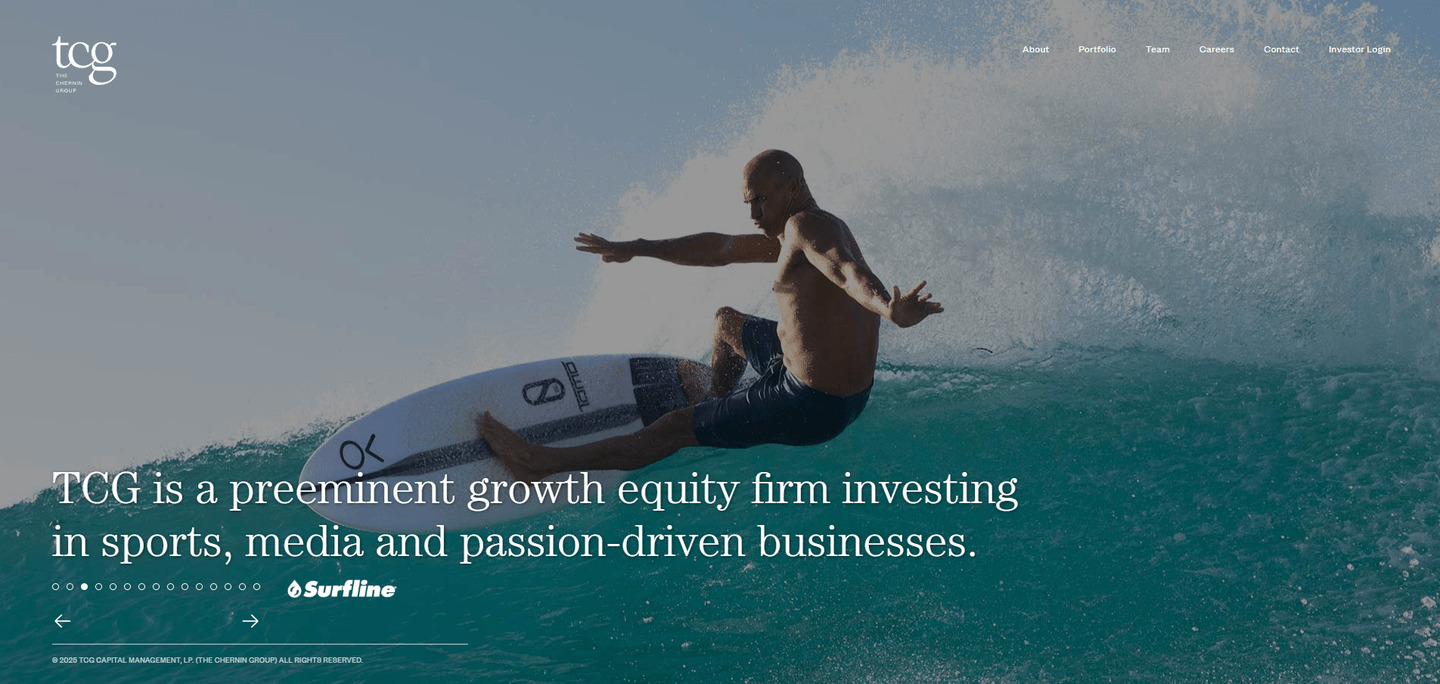 TCG landing page featuring the TCG logo and a surfer image representing investments in sports and media.