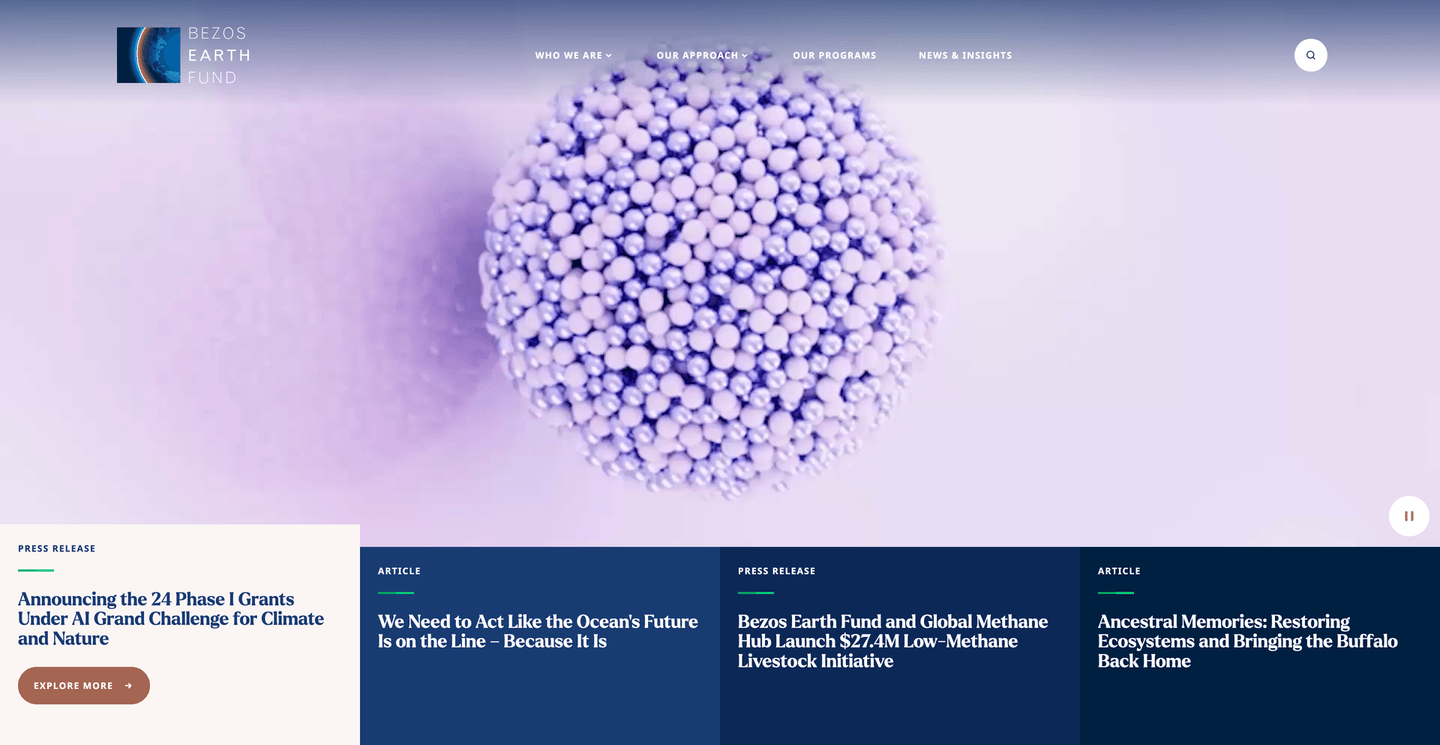 Bezos Earth Fund landing page featuring the Bezos Earth Fund logo and a visual representing climate and nature-focused initiatives.