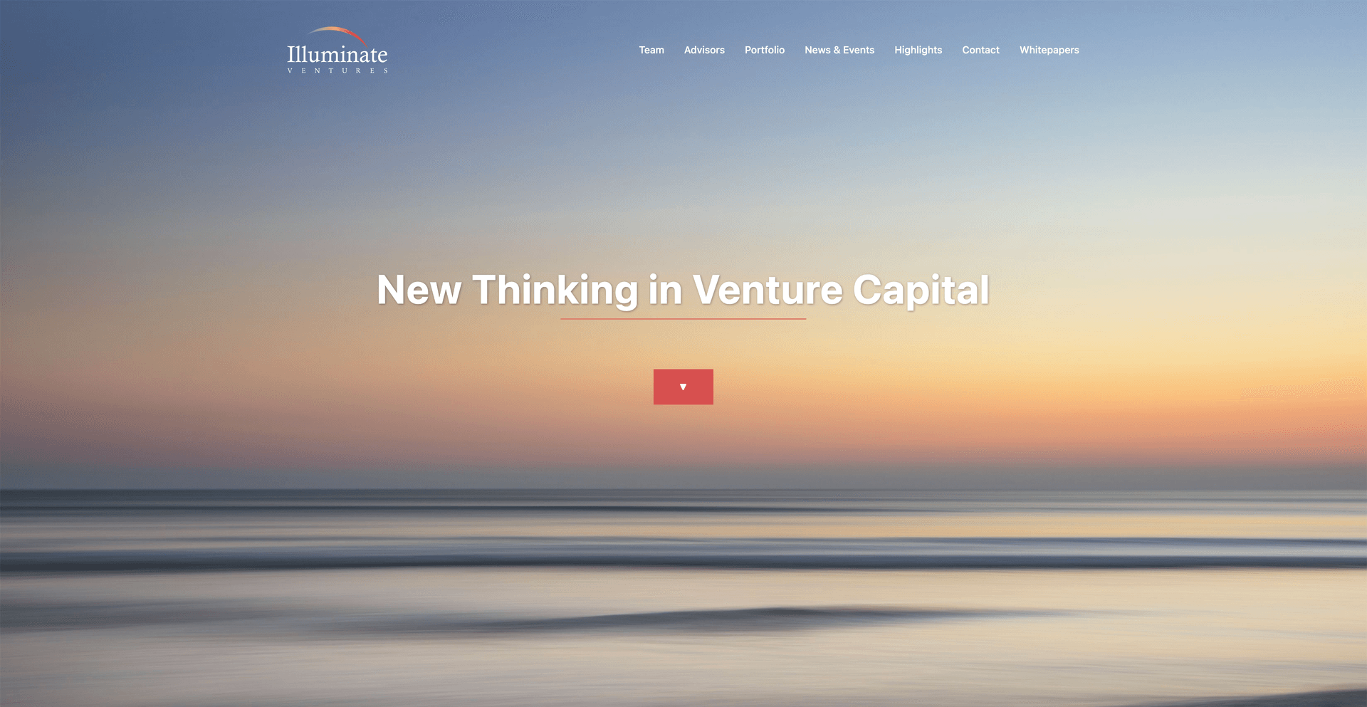 Illuminate Ventures landing page featuring the Illuminate Ventures logo and a serene horizon image with a venture capital headline.