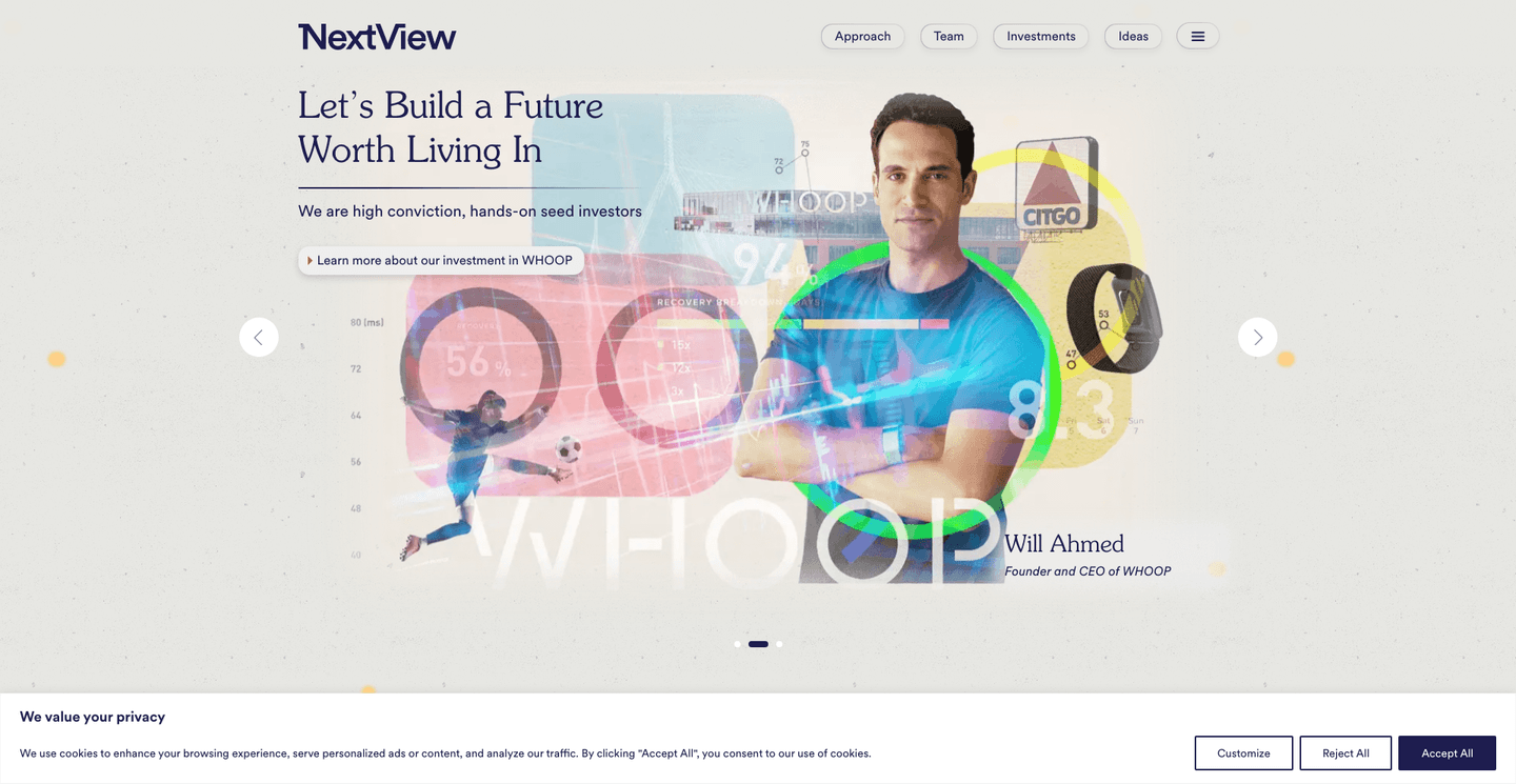 NextView Ventures homepage featuring the NextView logo and messaging about building a future worth living in.